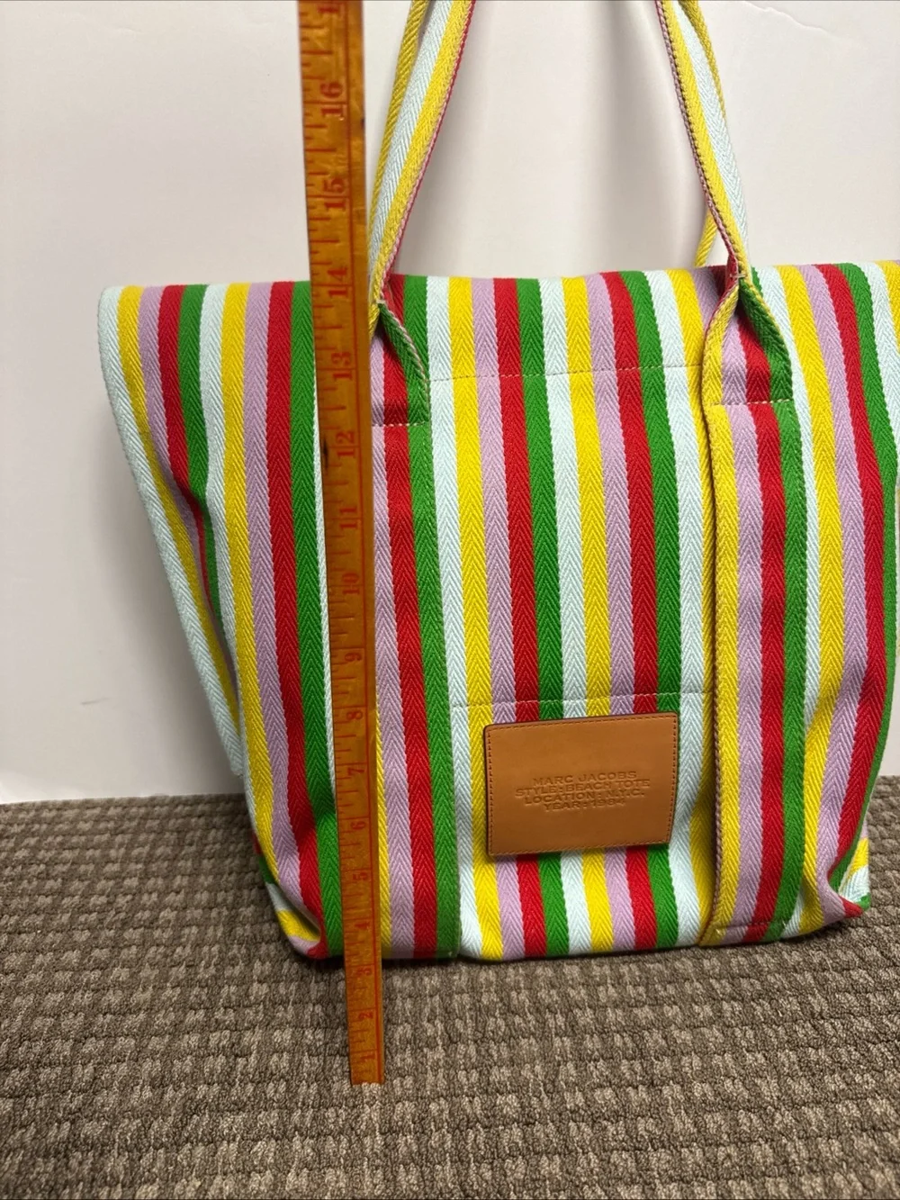 Marc Jacobs The Beach Tote Bag Red/White/Green/Yellow/Pink Stripes Excellent
